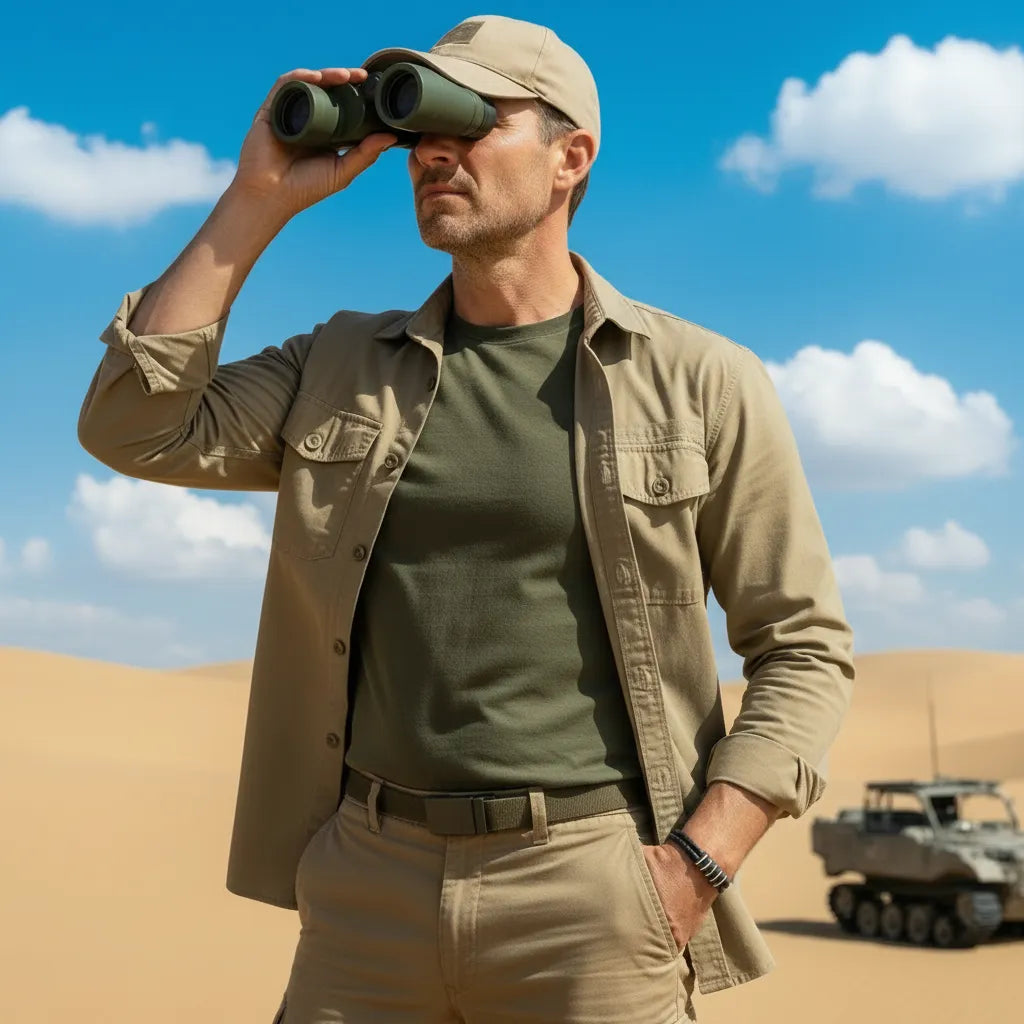 Plan d'action. L'homme observant avec ses jumelles. Le bracelet Link cuir tressé noir et ses segments modulaires d'acier affirment la structure face à l'horizon.