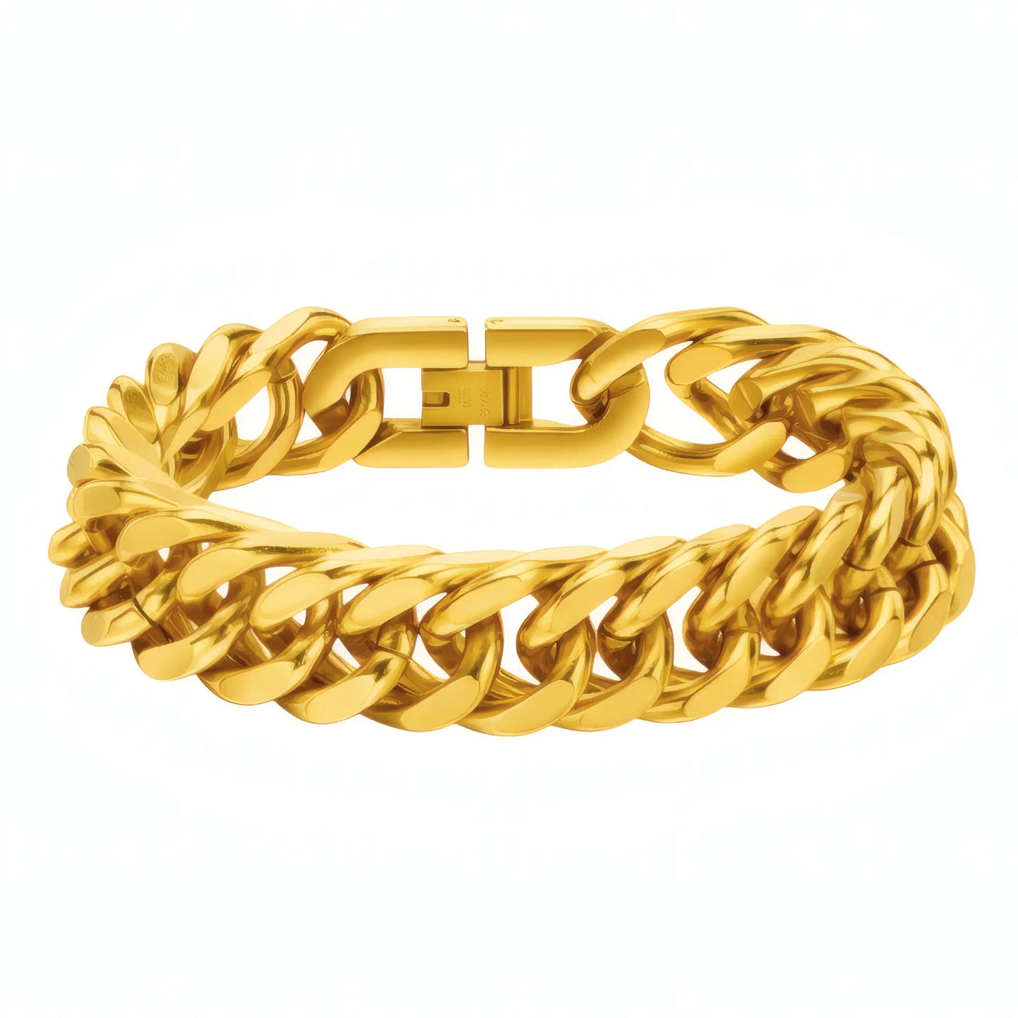 Bracelet maille cubaine 15 mm en acier avec finition dorée brillante sur fond blanc