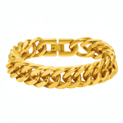 Bracelet maille cubaine 15 mm en acier avec finition dorée brillante sur fond blanc
