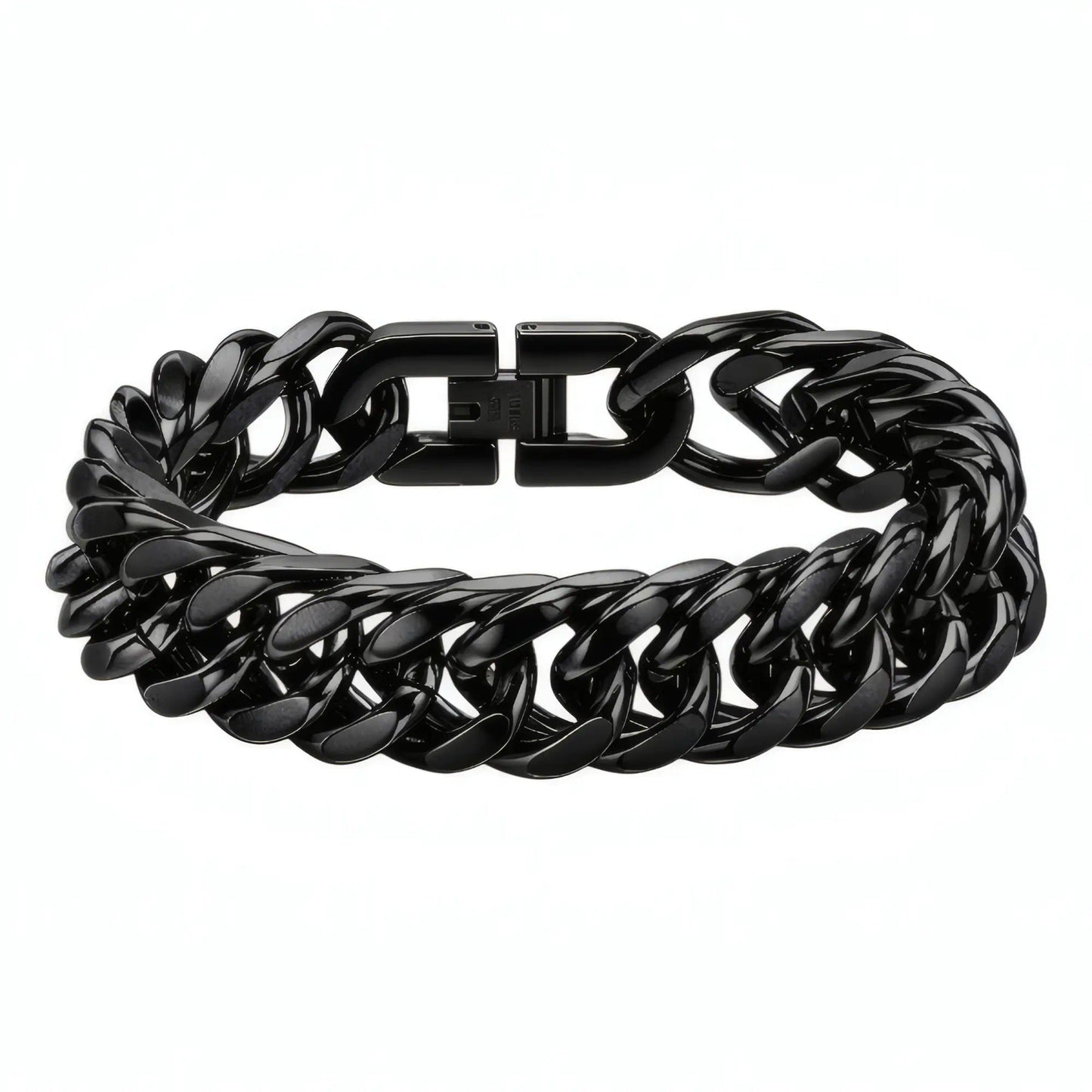 Bracelet maille cubaine 15 mm en acier noir fini poli brillant sur fond blanc