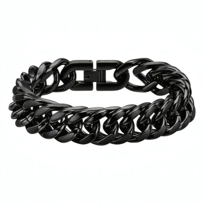 Bracelet maille cubaine 15 mm en acier noir fini poli brillant sur fond blanc