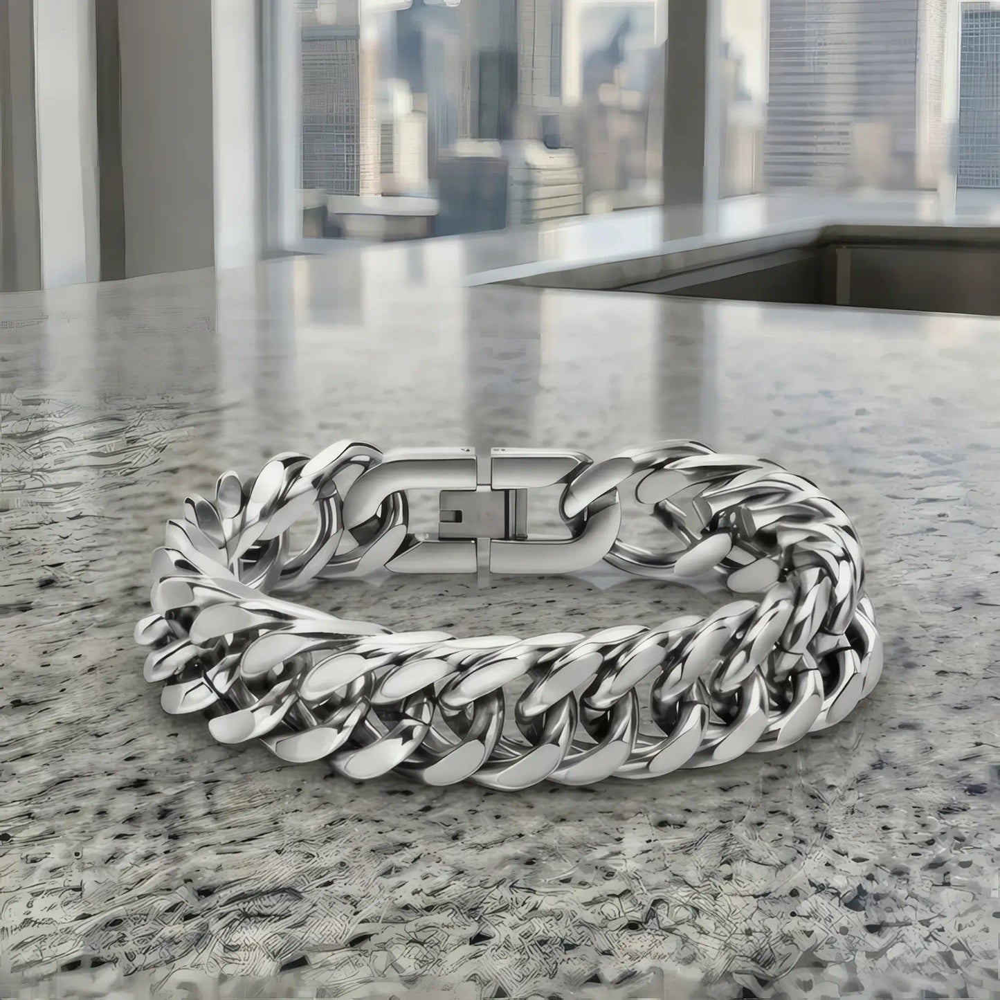Bracelet maille cubaine poli posé sur granit avec vue sur des gratte-ciels urbains