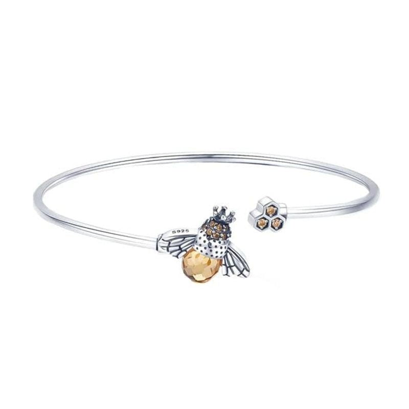 Bracelet manchette en argent sterling 925 avec abeille et son abdomen en cristal et son essaim en zircone - bijou pour femme - coloris argent