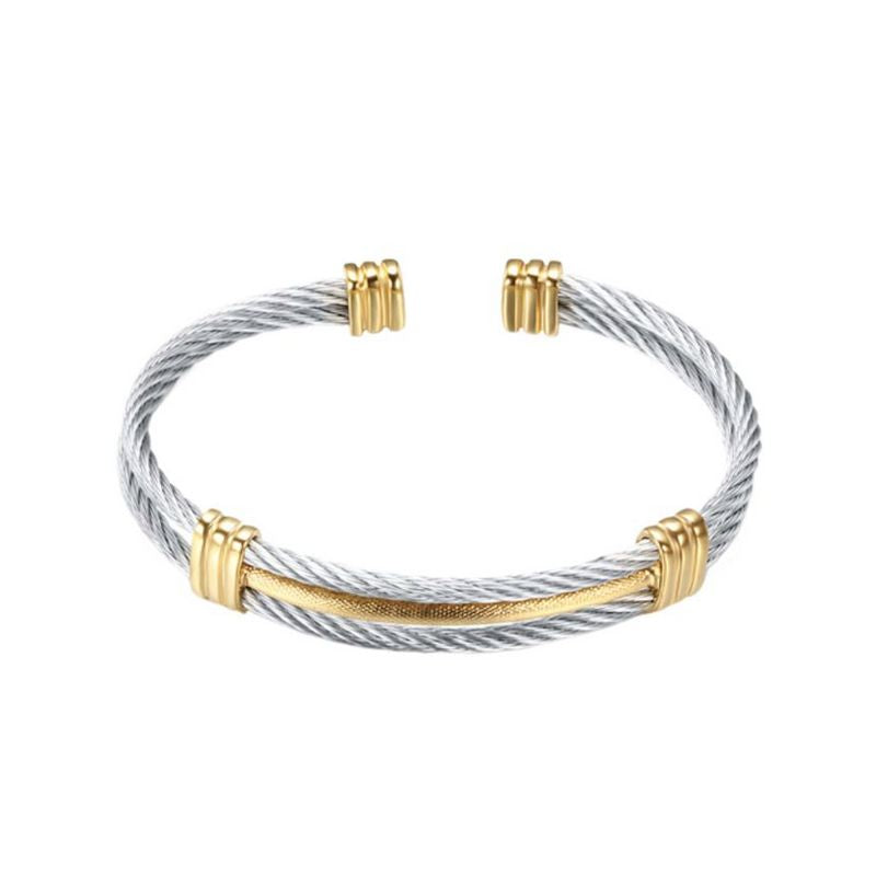 Bracelet manchette avec câble en acier inoxydable - jonc torsadé pour homme - coloris argent et or