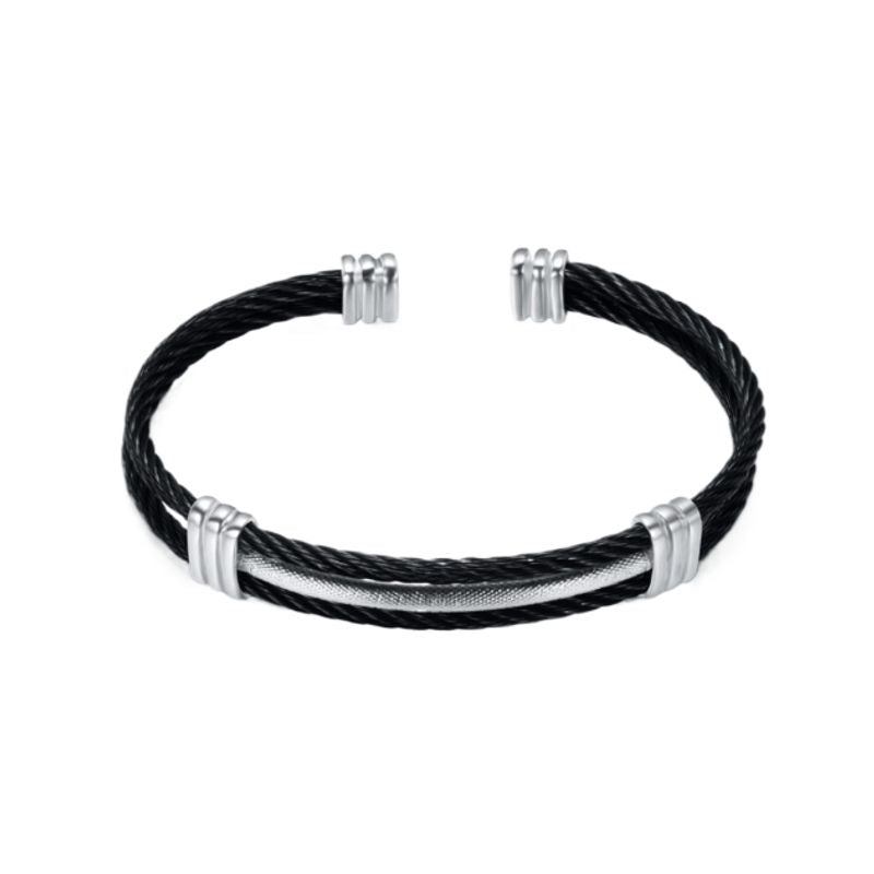 Bracelet manchette avec câble en acier inoxydable - jonc torsadé pour homme - coloris noir et argent 