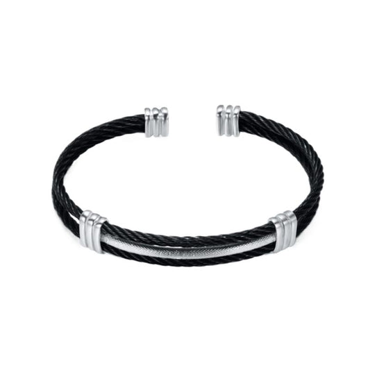 Bracelet manchette avec câble en acier inoxydable - jonc torsadé pour homme - coloris noir et argent 
