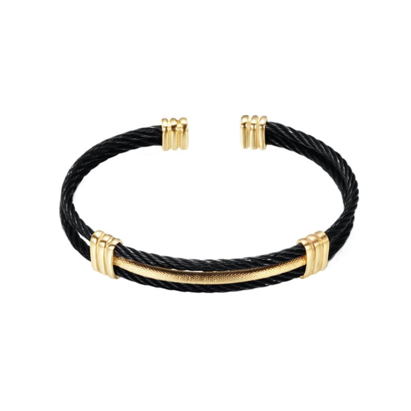 Bracelet manchette avec câble en acier inoxydable de qualité - jonc torsadé pour homme - coloris noir et or