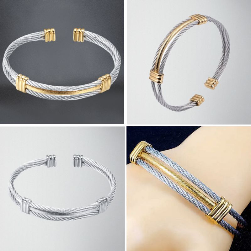 Photo divisé en quatre parties présentant le bracelet manchette à câble en acier inoxydable, ce jonc torsadé pour homme est raffiné et de couleur argent et or ou tout argent