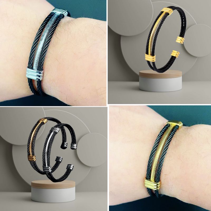 Photo divisé en quatre parties présentant le bracelet manchette à câble en acier inoxydable, ce jonc torsadé pour homme est raffiné et de couleur noir et argent ou noir et or