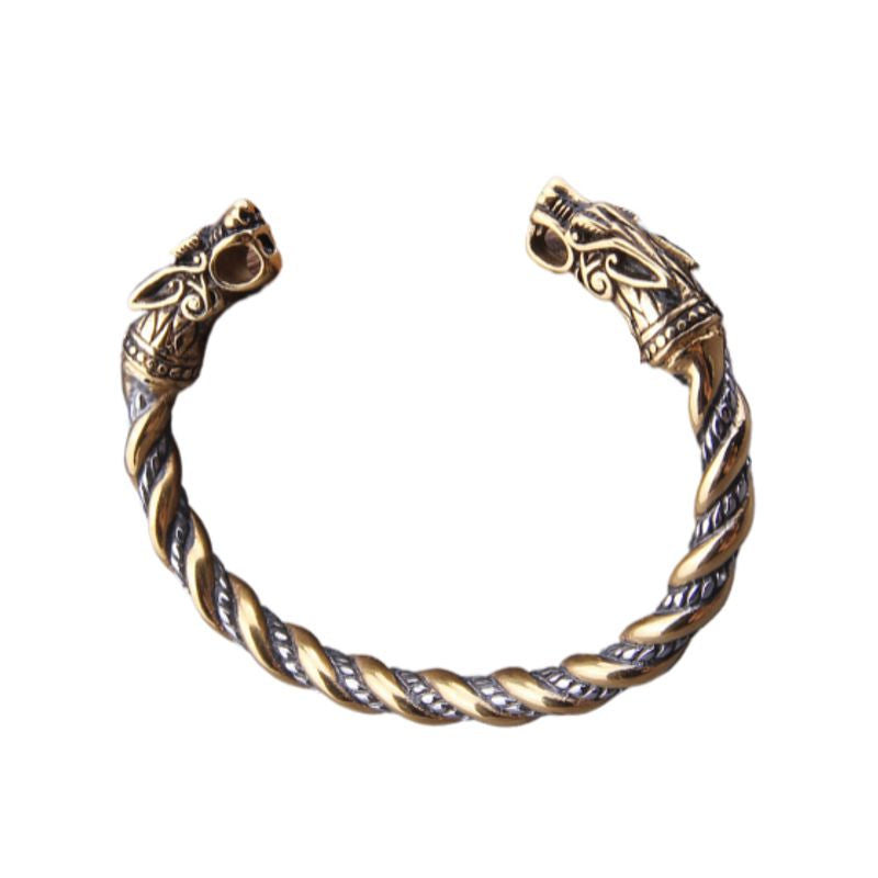 Bracelet manchette viking avec têtes de dragon nordique en acier inoxydable - jonc ouvert torsadé - Torque de coloris or et argent