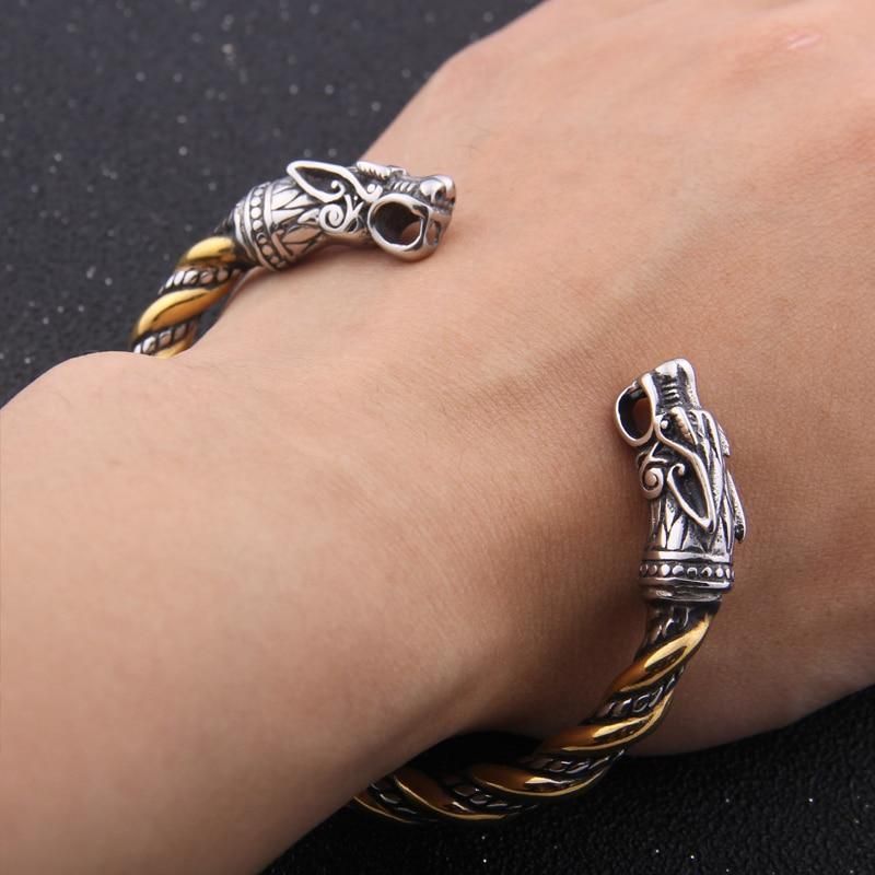 Bracelet manchette viking avec têtes de dragon nordique en acier inoxydable - jonc ouvert torsadé sur poignet d'homme - torque de coloris argent et or