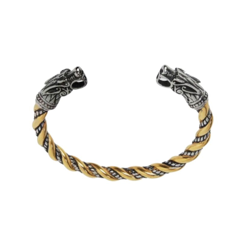 Bracelet manchette viking avec têtes de dragon nordique en acier inoxydable - jonc ouvert torsadé - torque de coloris argent et or