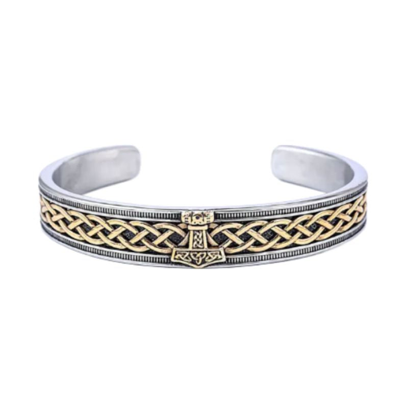 Bracelet manchette viking Hammer avec nœuds celtique en acier inoxydable - jonc ouvert - coloris argent et or