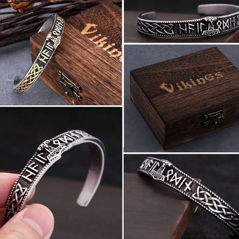 Vue d'une image cinq en un du bracelet manchette viking marteau de thor - acier inoxydable - nœud celtique - jonc ouvert de qualité en acier 316L - boite cadeau en bois incluse