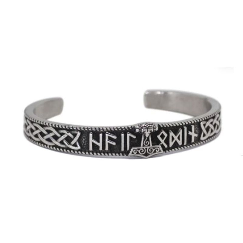 Bracelet manchette viking avec marteau de Thor - runes et nœuds celte en acier inoxydable - coloris argent