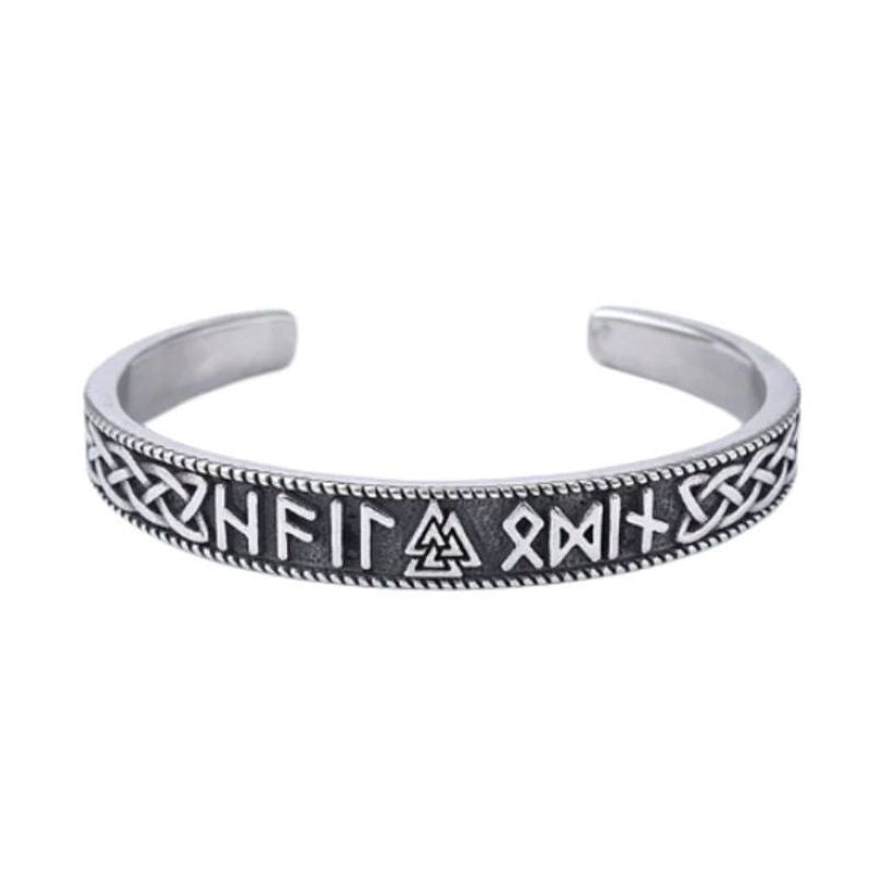 Bracelet manchette viking Valknut - jonc ouvert nœud d'odin avec runes en acier inoxydable - couleur argent