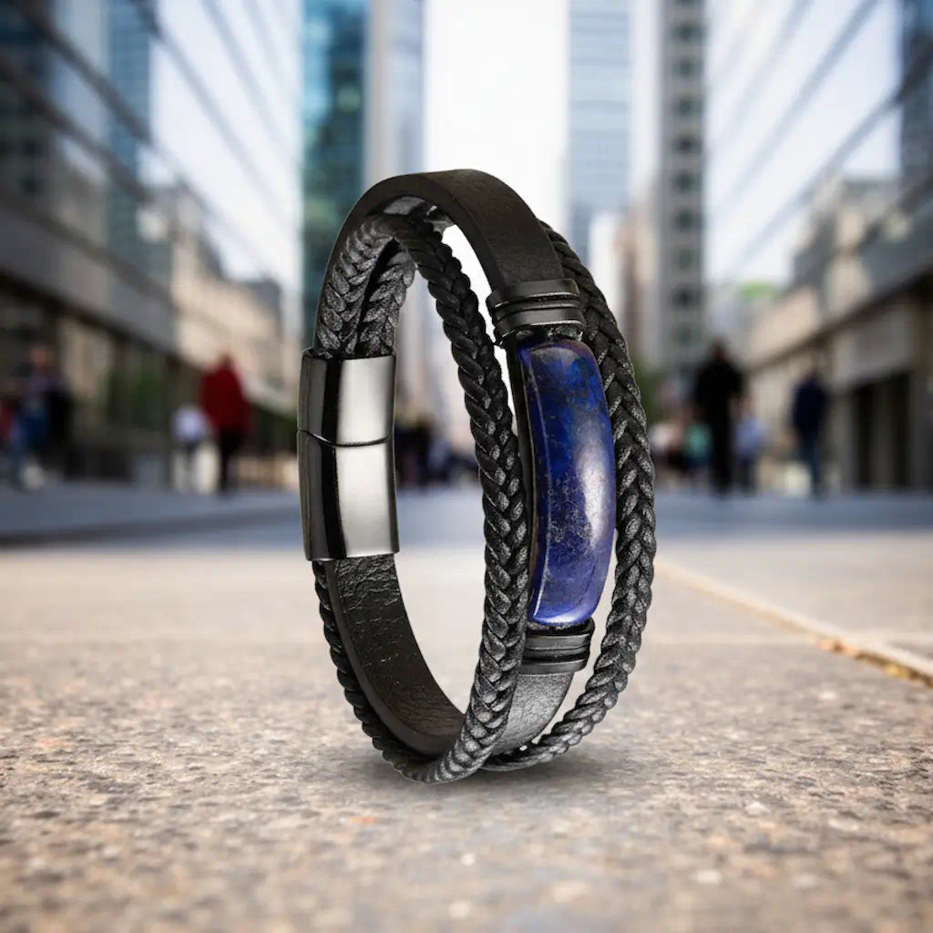Le Bracelet Astra posé en équilibre sur le bitume, mettant en lumière le contraste entre son cuir noir tressé et l'éclat bleu outremer de son lapis-lazuli, sur fond de perspectives urbaines lumineuses.