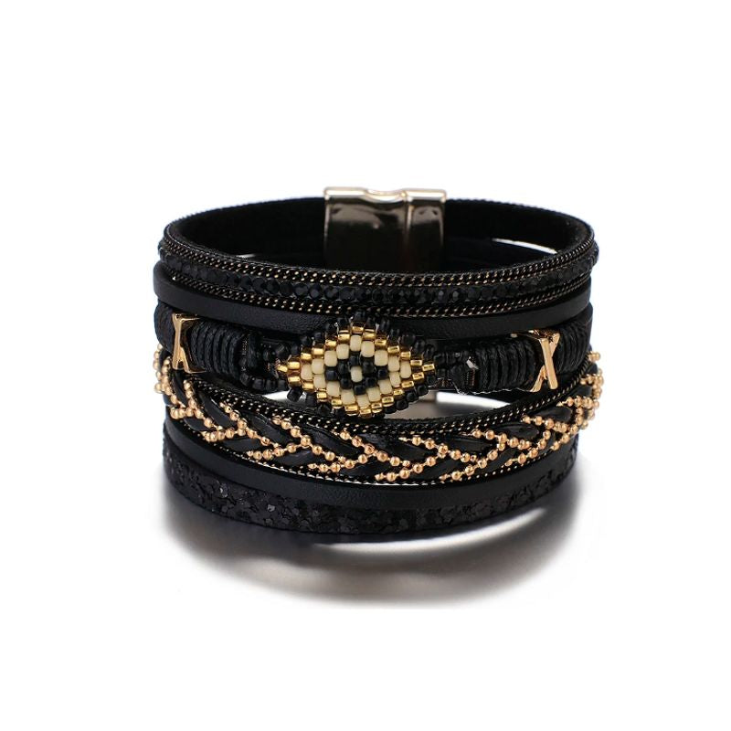 Bracelet mauvais œil en perles façon Miyuki, wrap bohème multilanière en cuir Pu pour femme avec fermoir doré magnétique – coloris noir.