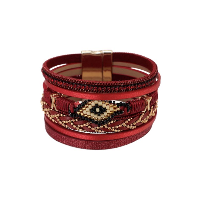 Bracelet mauvais œil en perles Miyuki, wrap bohème multilanière en cuir Pu pour femme avec fermoir doré magnétique - coloris rouge.