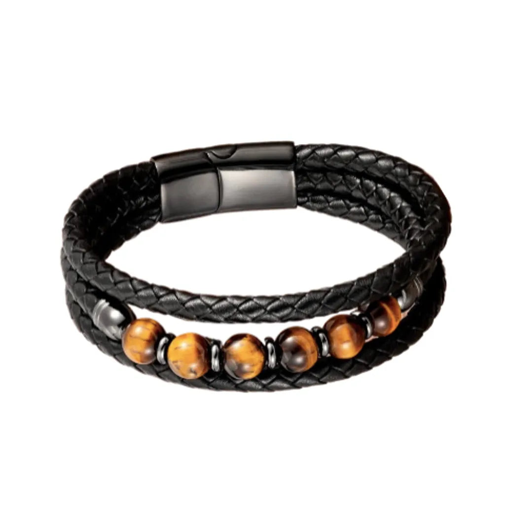 bracelet en cuir noir, wrap multilanière tressé pour homme avec perles de pierre oeil de tigre - coloris jaune