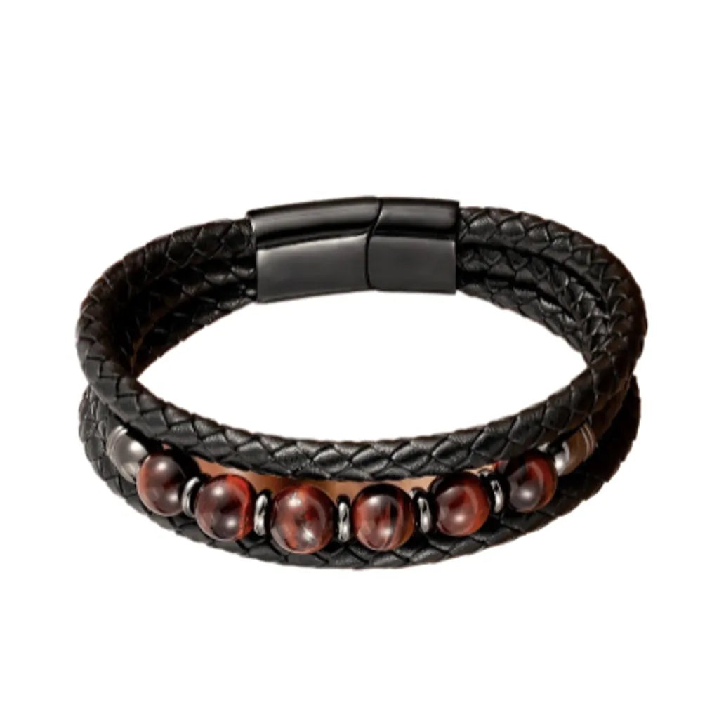 Bracelet en perles de pierres oeil de tigre rouge pour homme - cuir noir tressé.