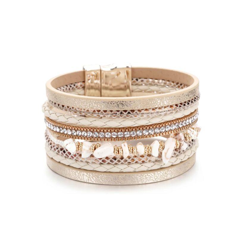 Bracelet avec perles en pierres beige champagne, wrap bohème multilanière en cuir PU doré pour femme.