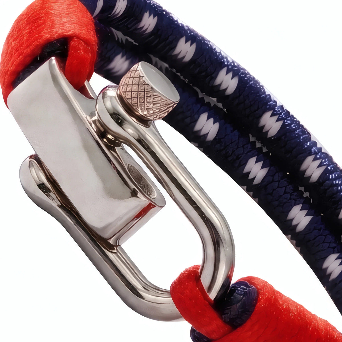 Zoom fermoir manille vis guillochée acier inoxydable bracelet Nautis cordon nylon tressé bleu.