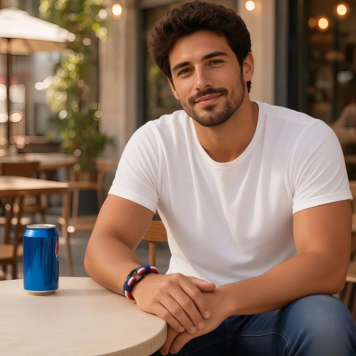 Homme portant le bracelet Navarch bleu blanc rouge à la terrasse d'un café ensoleillé