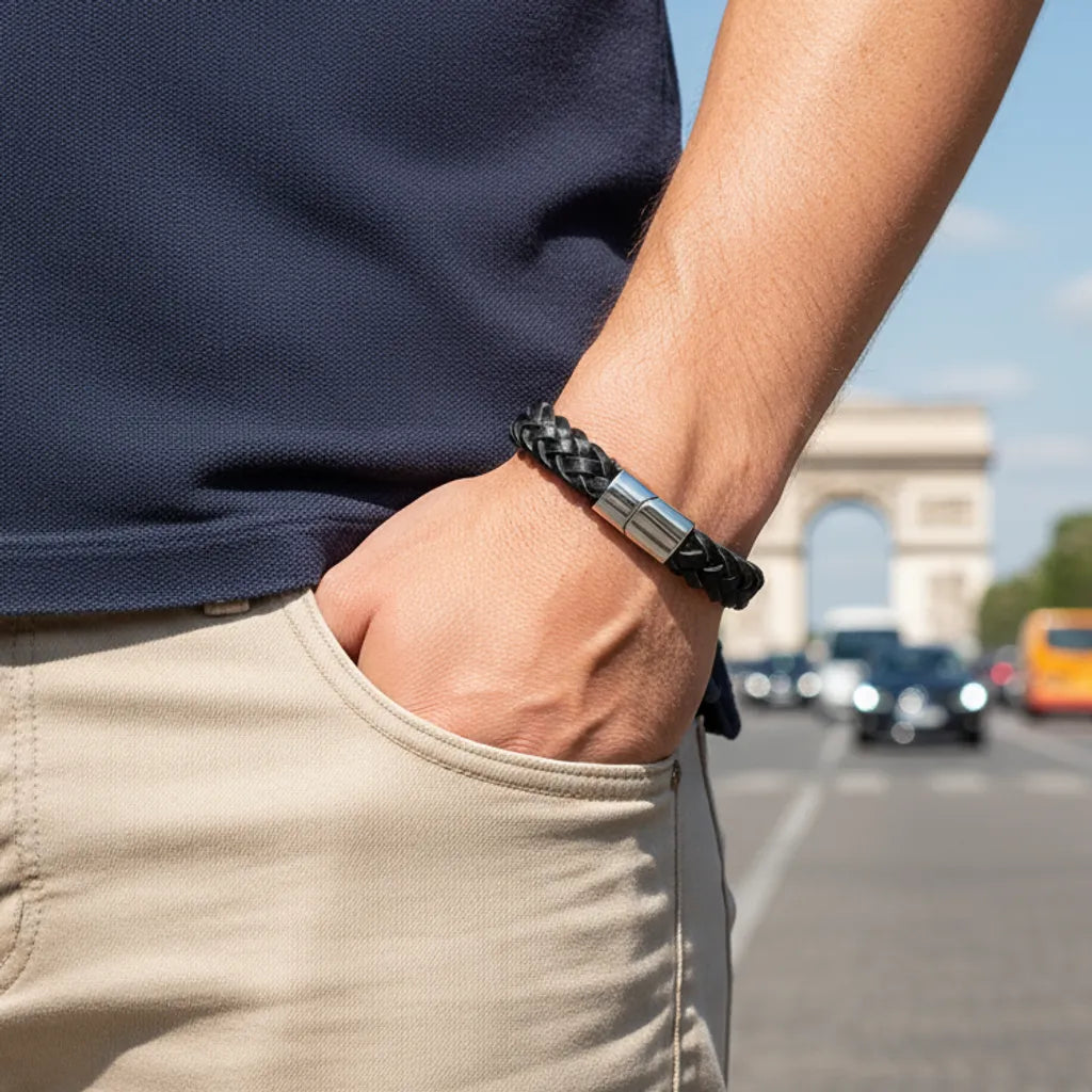 Zoom. Le bracelet Nero cuir noir tressé est porté au poignet, son design minimaliste contrastant avec le polo marine sur fond d'Arc de Triomphe.