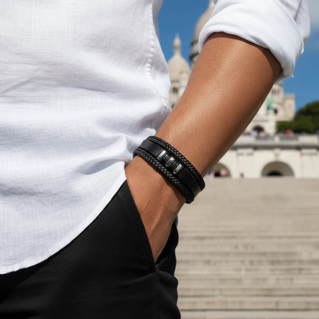 Gros plan. Le bracelet Nexus cuir noir multi-rangs au poignet d'un homme. Sa structure affirmée se dessine sur l'horizon parisien.