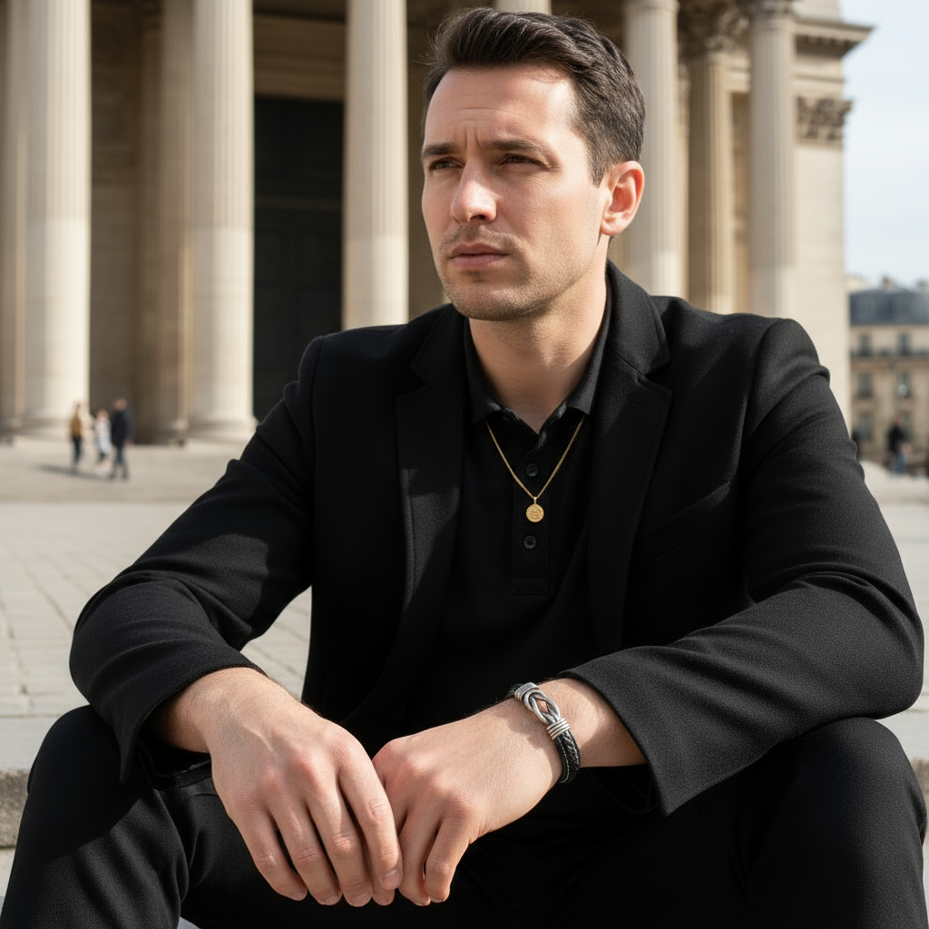 Élégance décontractée. Le bracelet Noxus cuir noir tressé souligne le style d'un homme assis, offrant une vue sur le nœud entrelacé et la largeur du cuir.