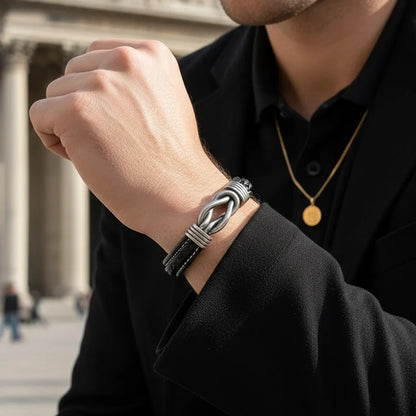 Très gros plan. Le bracelet Noxus cuir noir tressé au poignet, poing fermé. Une affirmation de force devant les marches du Panthéon.