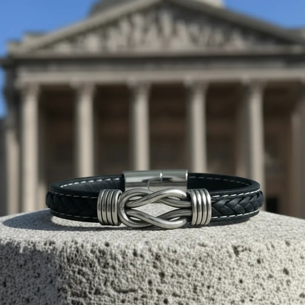 Vue de face. La qualité du cuir noir surpiqué et de la large lanière tressée du bracelet Noxus posé sur la pierre.