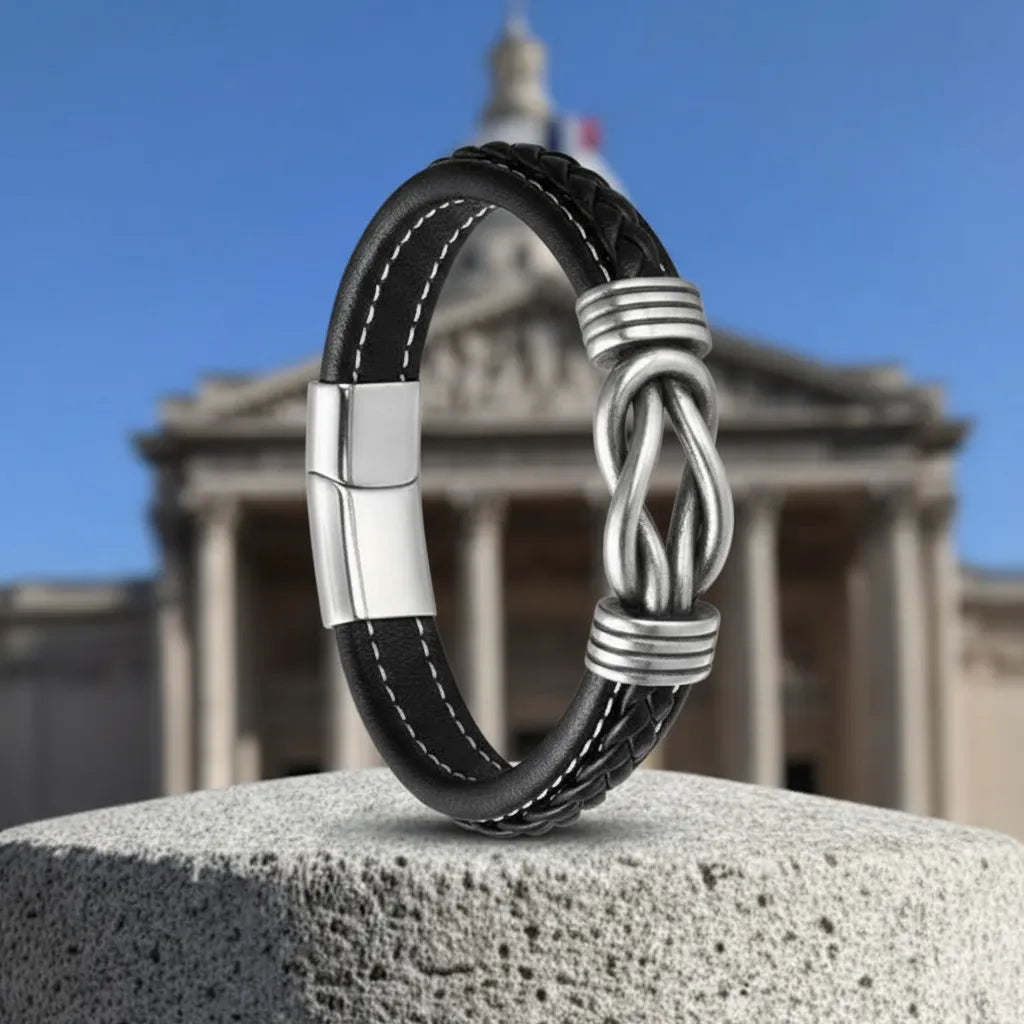 Architecture solennelle. Le bracelet Noxus cuir noir tressé en équilibre, soulignant la force du nœud entrelacé devant le Panthéon.