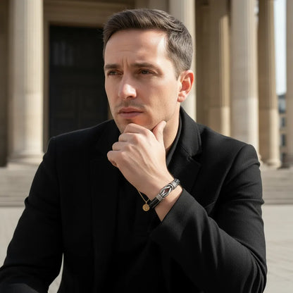 Plan poitrine. L'homme pensif arborant le bracelet Noxus cuir noir tressé. Le nœud entrelacé symbolise un lien profond, intemporel.