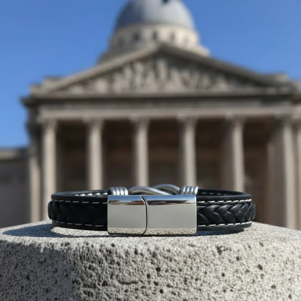 Richesse de matière. Gros plan sur la texture du cuir noir tressé du bracelet Noxus, contrastant avec la pierre ancienne du plot.