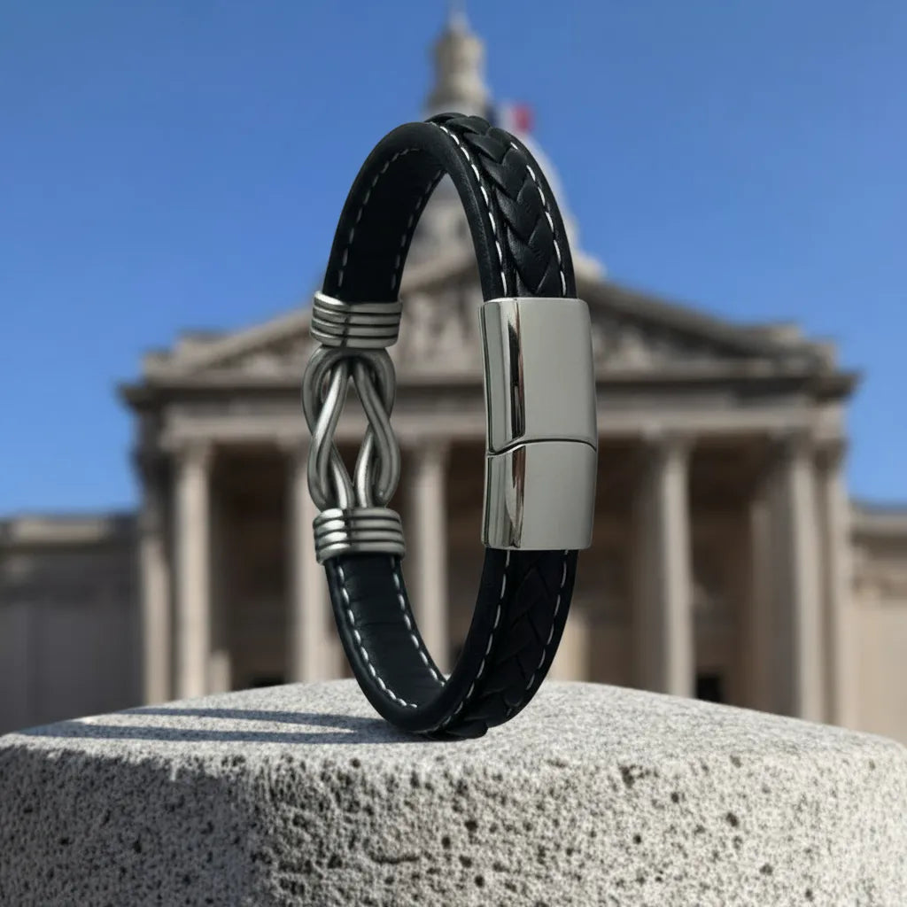 Concentration sur les détails. Le fermoir magnétique en acier et le nœud entrelacé du bracelet Noxus capturé sous la lumière parisienne.