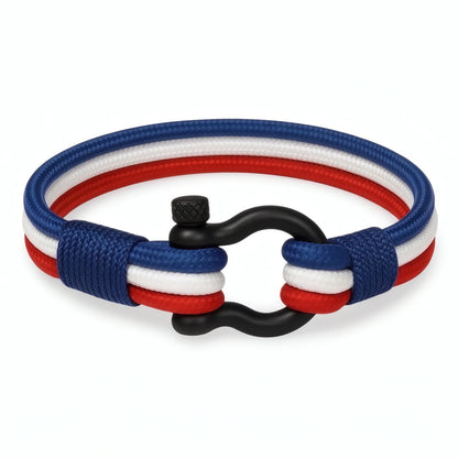 Bracelet cordon nylon multi-rangs France bleu blanc rouge fermoir manille acier dix millimètres modèle Navarch.