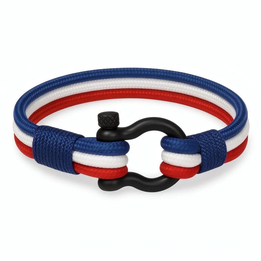 Bracelet cordon nylon multi-rangs France bleu blanc rouge fermoir manille acier dix millimètres modèle Navarch.