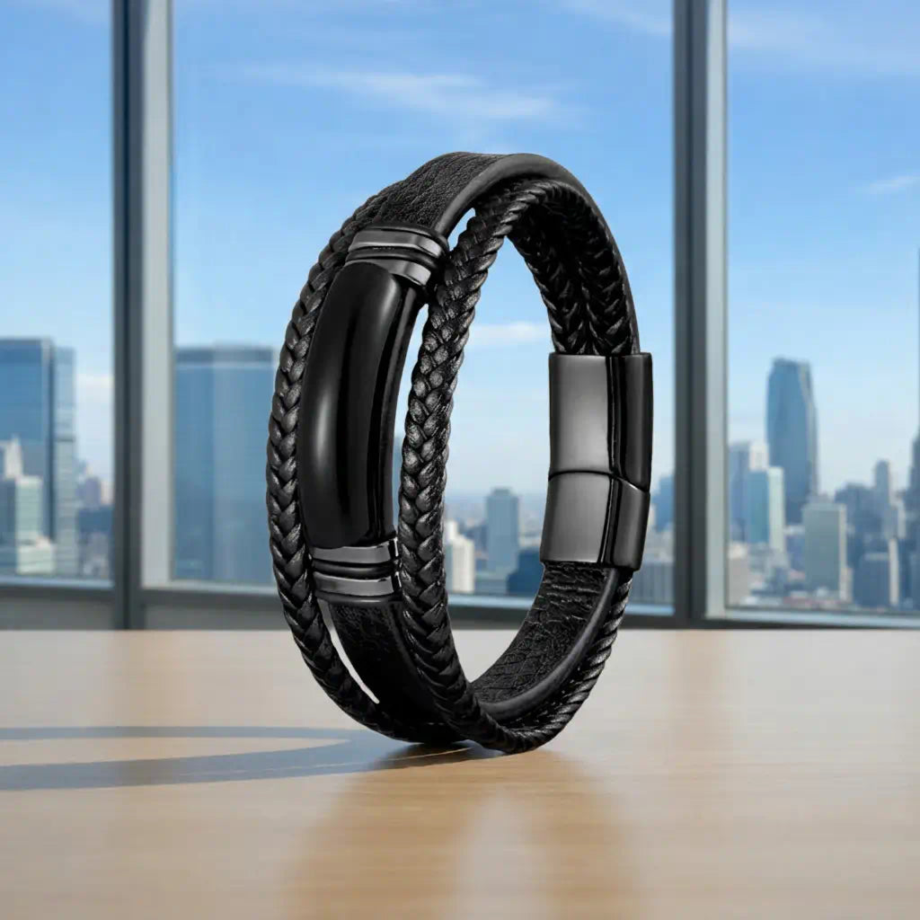 Le Bracelet Obsidian en cuir noir et agate dressé sur un bureau, révélant ses lanières tressées et son fermoir magnétique devant un panorama de gratte-ciel.