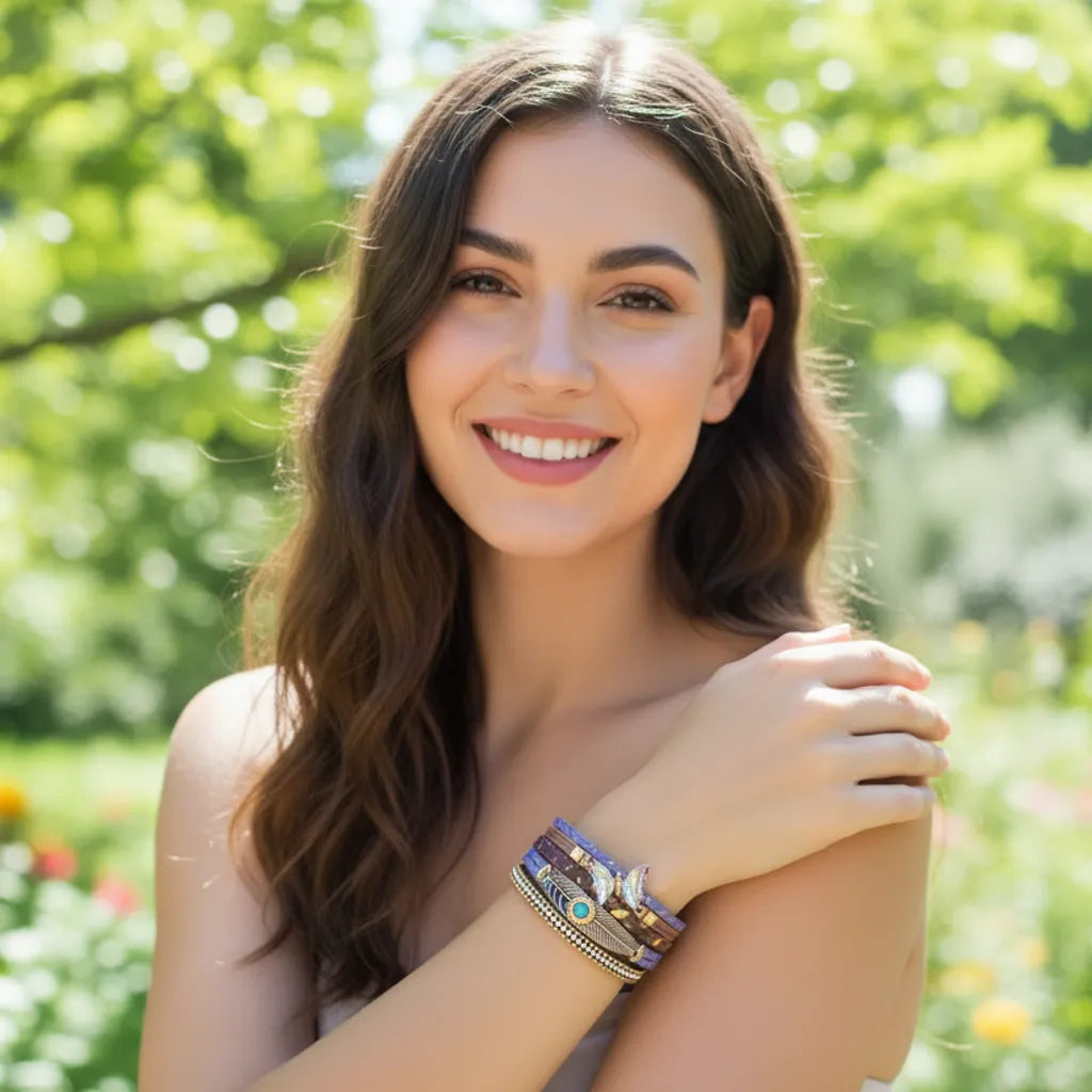 Jeune femme souriante de face, autour d'elle, la nature, son bras gauche délicatement relevé pour mettre en valeur le bracelet papillon lumière violet porté au poignet.