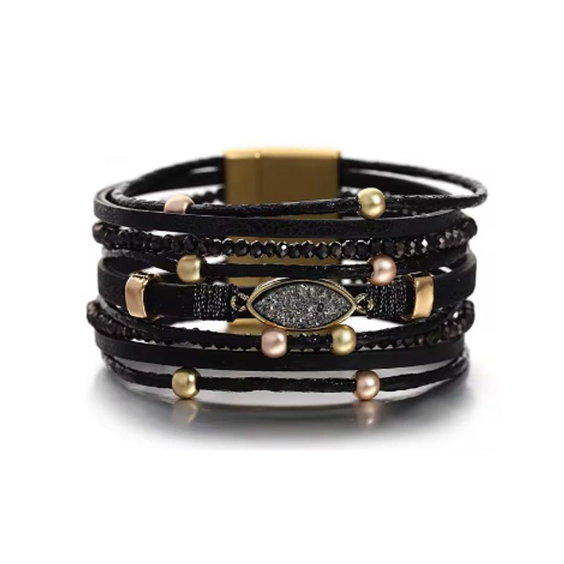 Bracelet Pierre Bohème – wrap pour femme avec perles et lanières en cuir PU – coloris noir.