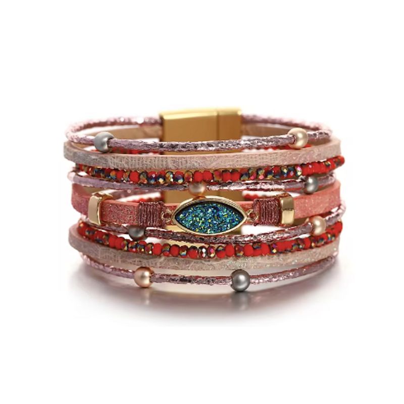 Bracelet Pierre Bohème – wrap pour femme avec perles et lanières en cuir PU – coloris rose.