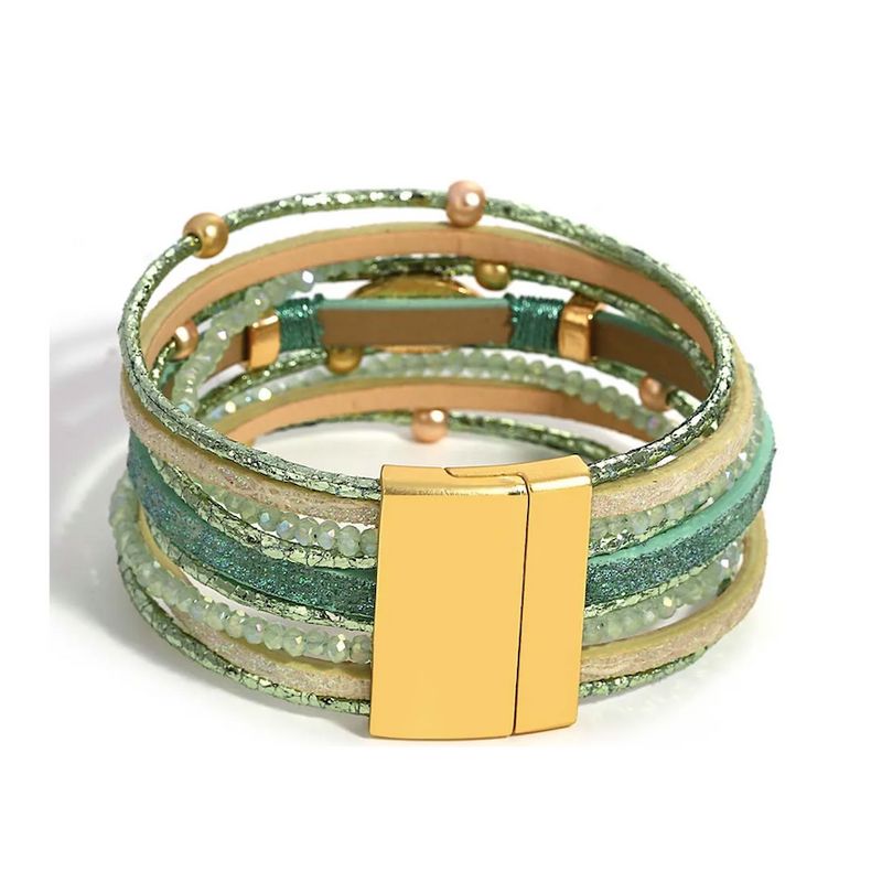 Bracelet Pierre Bohème – wrap pour femme avec perles, lanières en cuir PU et fermoir magnétique doré – coloris vert.