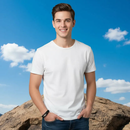 Vue de face d'un jeune homme souriant portant fièrement le bracelet Plume Liberté en cuir noir multi-rangs sur son poignet, sur fond de rochers et ciel bleu nuageux.