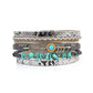 Bracelet plume bohème, wrap pour femme avec perles en pierre, multilanière en cuir PU au motif peau de serpent – coloris gris et bleu turquoise.