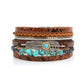 Bracelet plume de Quetzal, wrap bohème pour femme avec perles en pierre, multilanière en cuir PU au motif peau de serpent – coloris marron et bleu turquoise.