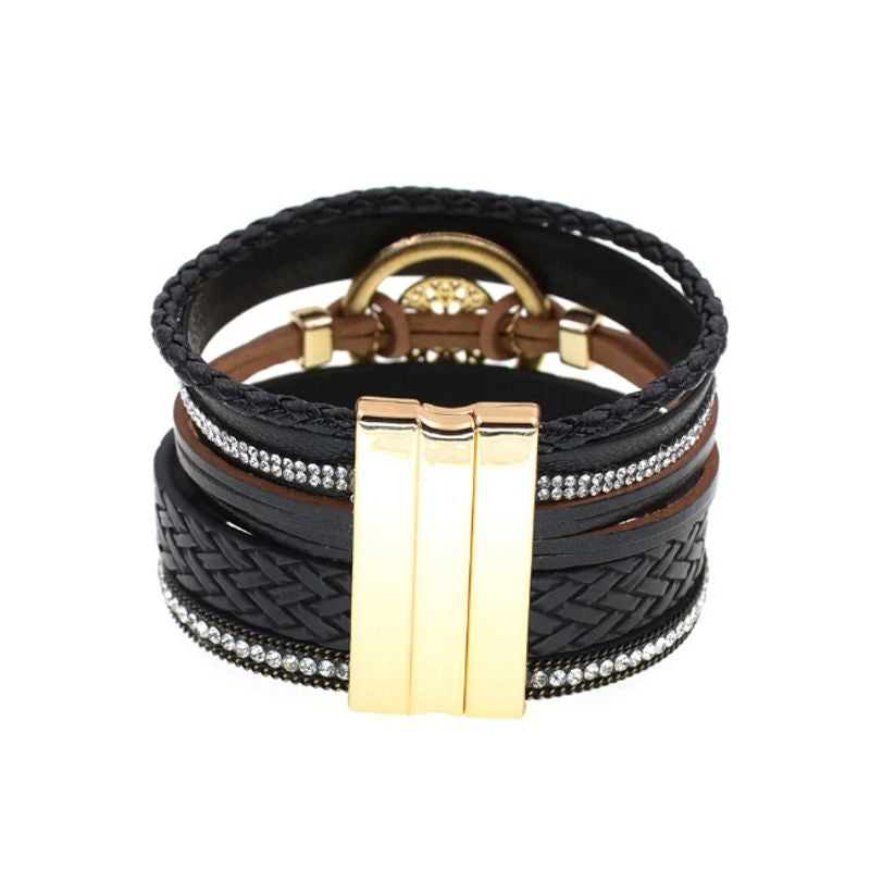 Bracelet rosace bohème, wrap noir pour femme avec strass en cristal et lanières en cuir PU – fermoir magnétique doré.