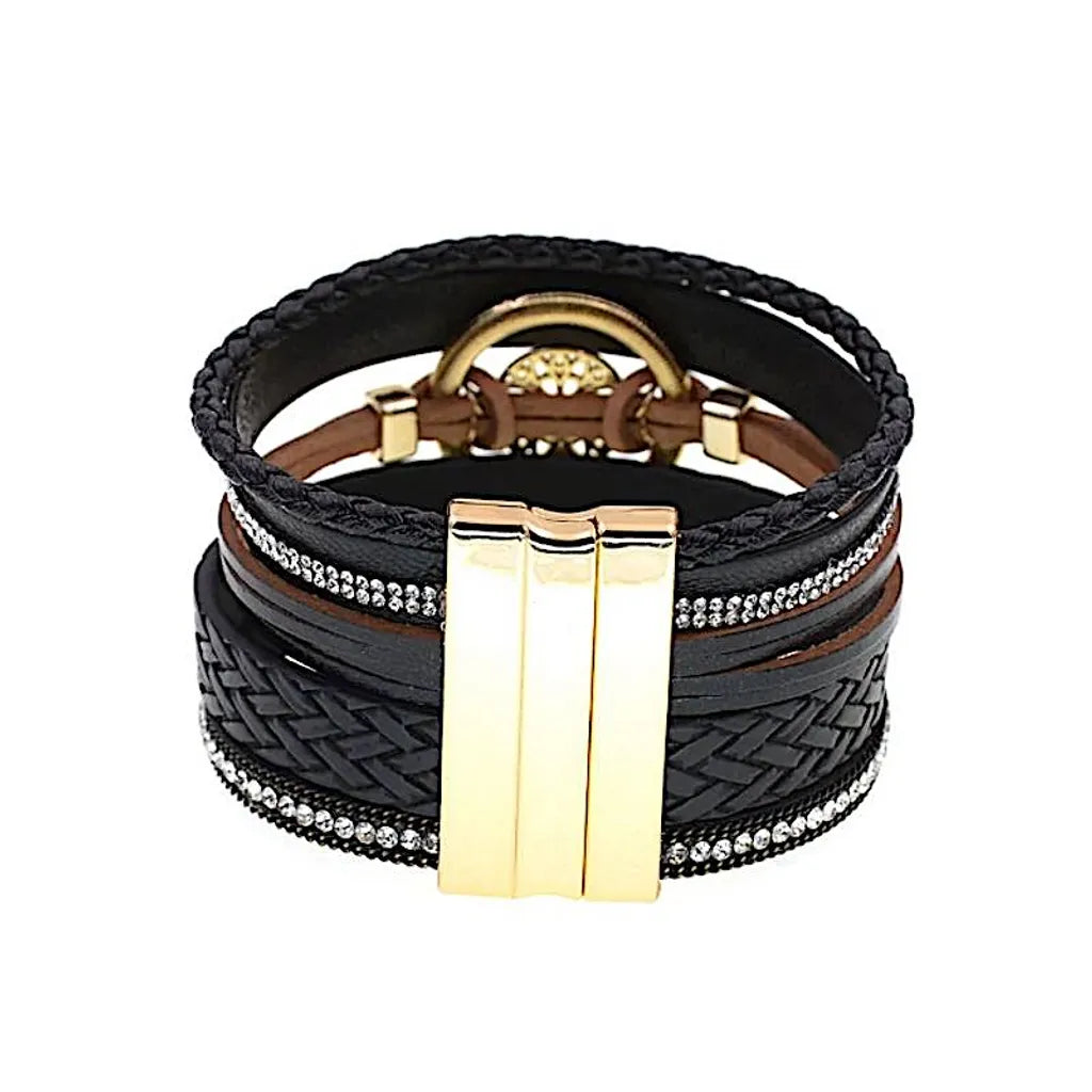 Bracelet Rosace Gothique noir cuir microfibre, vue arrière sur fermoir magnétique doré poli, détails multi-rangs tressés visibles.