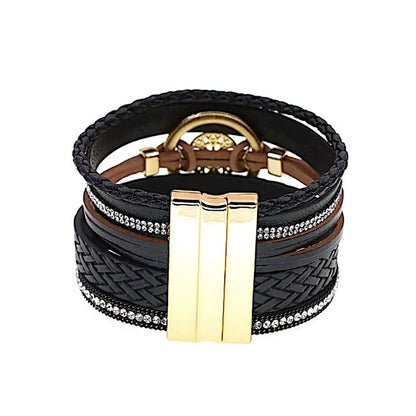 Bracelet Rosace Gothique noir cuir microfibre, vue arrière sur fermoir magnétique doré poli, détails multi-rangs tressés visibles.